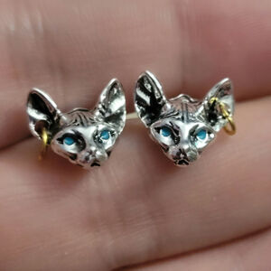 Sphynx cat post earrings, silver tone with blue eyes and gold hoops